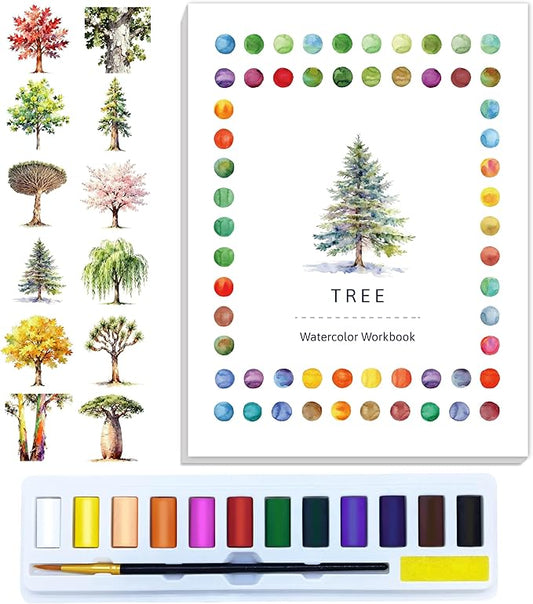 CraftyManor Watercolor Workbook Creative Fruit Water color Paint Book Set with Paints & Brush, 12 Patterns of Original DIY Designs, Beginner-Friendly Adult Coloring Books (Tree)