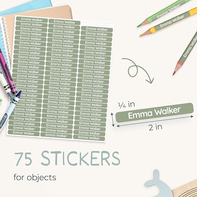 Personalized Kids Name Labels for Pencils Green [75pcs] - Waterproof Name Stickers for School & Daycare - Pencil Custom Name Stickers - Children Name Stick On Labels for Pens (2.0”x0.3”)