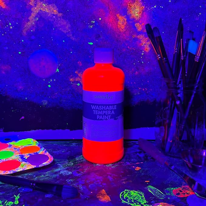Handy Art Washable Tempera Paint, Fluorescent Red, 16 oz Bottle, Bright & Mixable, High Opacity, Glows UV Neon with Blacklight, Students, Kids, Young Artists, Safe & Non-Toxic, Made in USA