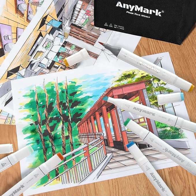 AnyMark Alcohol Markers Brush Tip, 120+1 Colors Dual Tip Brush & Chisel Alcohol-Based Art Markers Set with Case for Adult Artists Drawing Coloring
