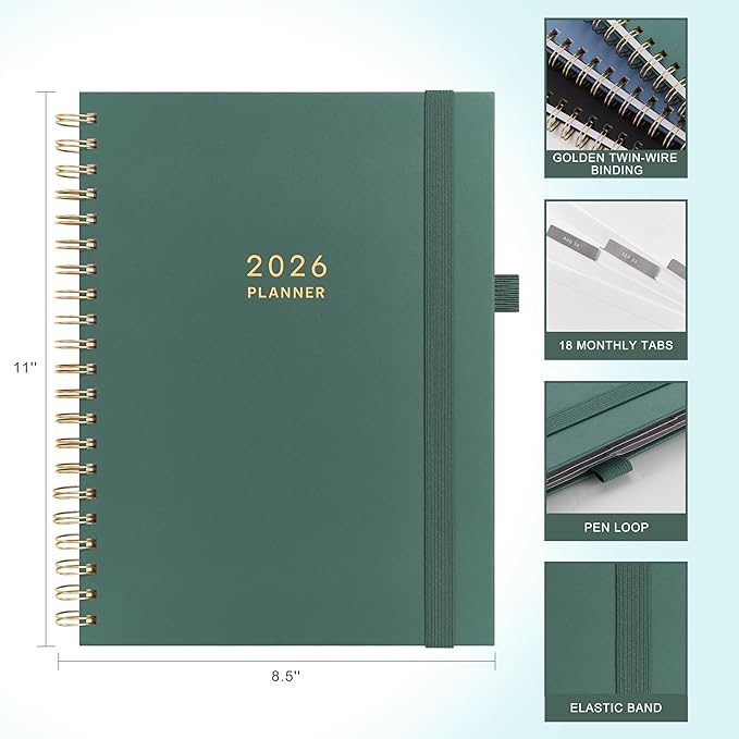 And Per Se 2026 Planner, A4 Size-Daily, Weekly & 18-Monthly Planner, Daily Schedule, Monthly Tabs, 100 GSM Thick Paper(Forest Green)