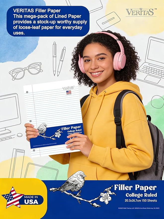 Loose Leaf Paper College Ruled, 8" x 10.5" Binder Filler Paper, 3 Hole Punched Notebook Paper, 3600 Sheets Total 24 Pack 150 Sheets/Pack, Bulk School & Office Supplies, Made in USA