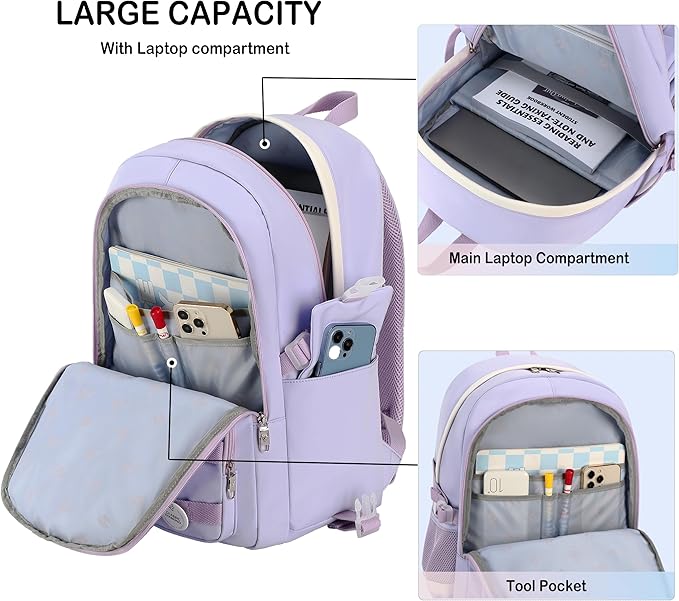 Hidds Laptop Backpacks 15.6 Inch College Backpack Elementary Middle High School Bag Large Cute Bookbags Anti Theft Travel Back Pack Casual Daypack Kids Book Bag for Teens Girls Women Students-Purple