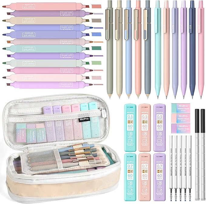Nicpro 39 PCS Aesthetic School Supplies with Pencil Case, Cute Stationary Set with 5 Gel Pens & 6 Mechanical Pencils & 12 Highlighters, Essentials for College Students Nurse & Teen Girls/Boys (Cream)