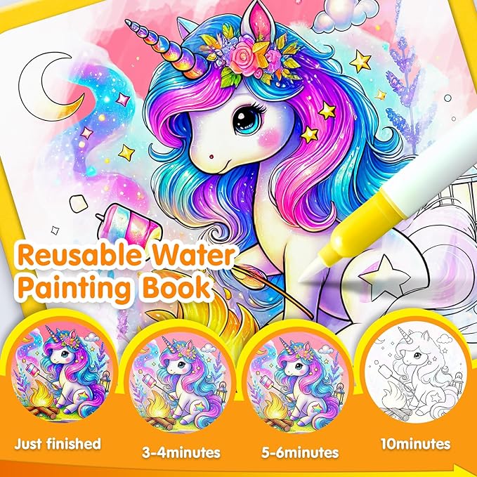 ZHOC Reusable Water Painting Books for Kids – Magic Water Reveal Coloring Books with Water Pens (Unicorn) No-Mess Coloring Book Fun Travel Activity for Ages 3 4 5 6 7 8
