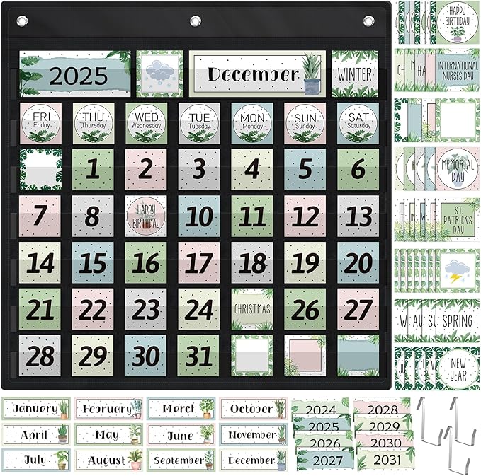 119 Pcs Classroom Calendar Pocket Chart Black Monthly Bulletin Board Set Seasons Festival Weather Farmhouse Calendar Set for Classroom Decoration Back to School Supplies(Greenery)