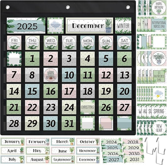 119 Pcs Classroom Calendar Pocket Chart Black Monthly Bulletin Board Set Seasons Festival Weather Farmhouse Calendar Set for Classroom Decoration Back to School Supplies(Greenery)