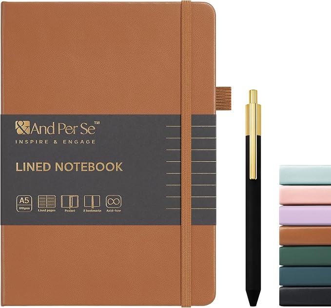 &And Per Se Lined Journal and Pen Set, A5 Leather Hardcover Notebook with Pen & Stationary Set, 160 Pages 100GSM Thick Ruled Paper Journal for Business Work Writing (Light Brown)