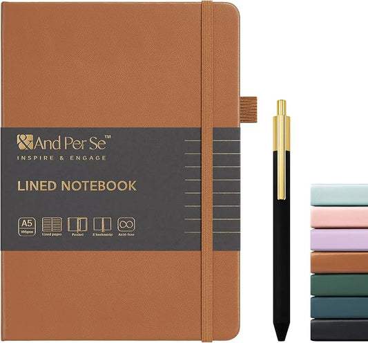 &And Per Se Lined Journal and Pen Set, A5 Leather Hardcover Notebook with Pen & Stationary Set, 160 Pages 100GSM Thick Ruled Paper Journal for Business Work Writing (Light Brown)