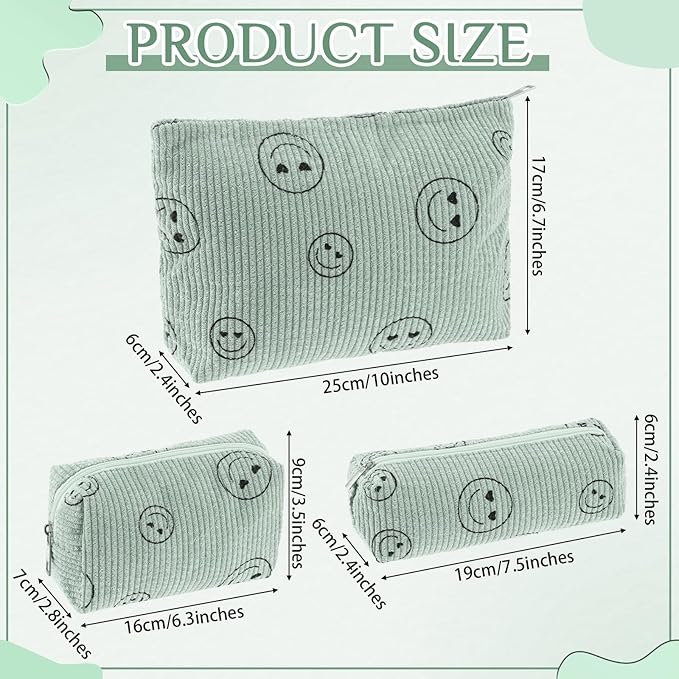 Huhumy 3 Pcs Makeup Bag Set for Women Corduroy Cosmetic Pouch Aesthetic Smile Travel Toiletry Bag Cute Purse Pouch Pencil Case Makeup Brushes Storage Organizer with Zipper(Green,Smile Face)
