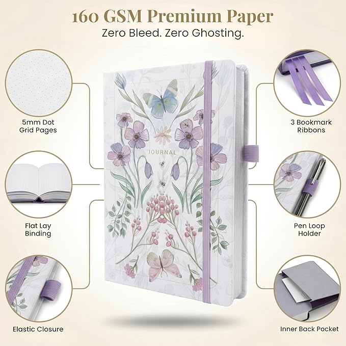 VIVID SCRIBBLES A5 Dotted Notebook with 160gsm Bleed-Proof Paper - Perfect for Bullet Journaling and Creative Planning - 200 Numbered Dot Grid Pages in Cream Floral