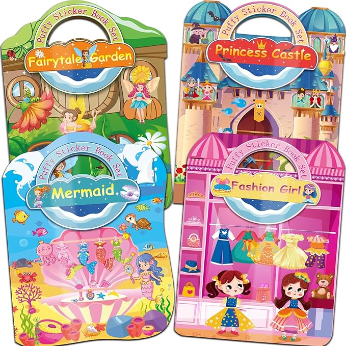 Kalysky Dress Up Sticker Books for Girls Ages 2-4 4-8, Reusable Puffy 3D Sticker Books for Toddlers 2-4 Years, Include Princess Mermaid Fairy and Fashion Girl,Activity Book for Toddlers 1-3