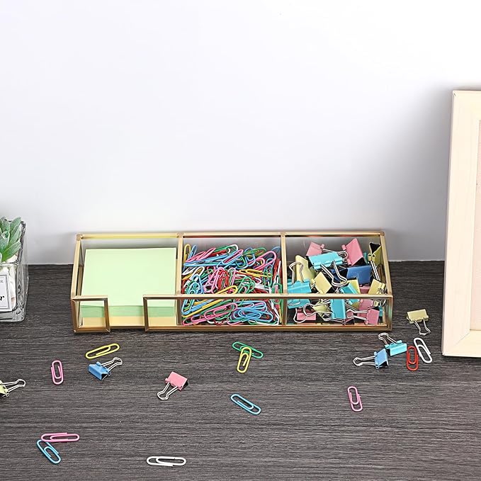 BTSKY Golden Glass 3 In 1 3x3 Inch Sticky Note Holder, Elegant Post It Note Dispenser Paper Clip Holder with Non-Slip Pads Clear Notepad Holder for Desk Organization Planning, Home Office Decor