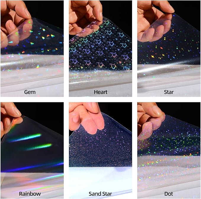 36 Sheets Holographic Laminating Sheets, 8.5x11 Inch Clear Holographic Sticker Paper with Self-Adhesive Waterproof Vinyl Overlay, 6 Patterns Transparent Laminate Film for DIY Stickers, Photos, Crafts