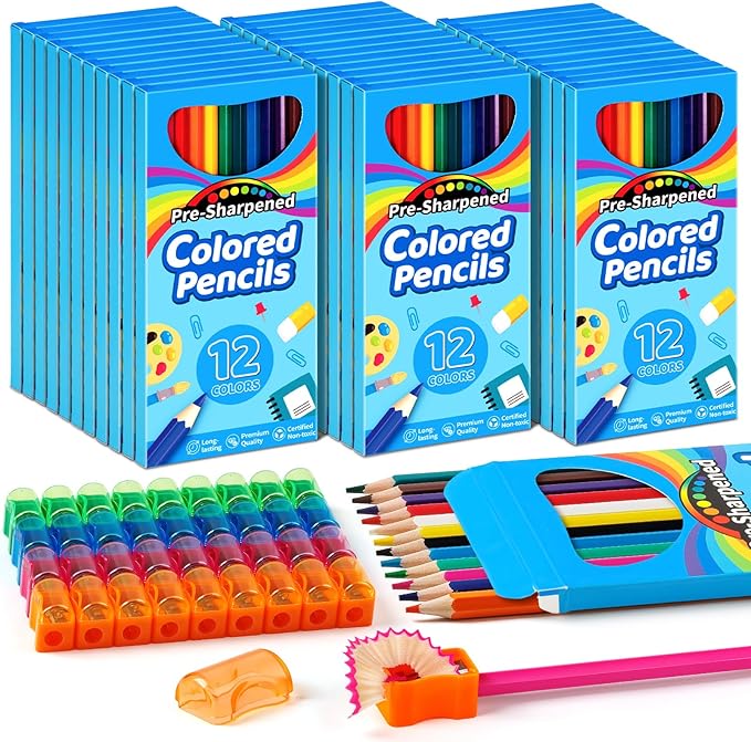 V-Opitos 432 Count Colored Pencils Bulk, 36 Pack 12 Assorted Colors with Sharpener, Pre-sharpened Coloring Pencils for Kids, Ideal School Classroom Supplies