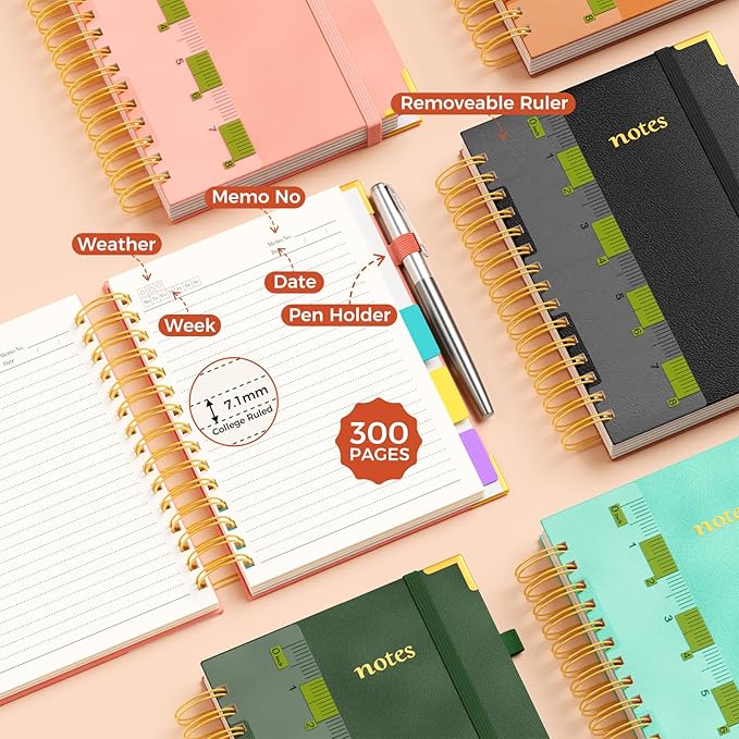 XYark A5 Hardcover Spiral Notebook, 6.3"x8.5" College Ruled Notebooks with Removable Dividers Tabs & Ruler, 5 Subject Notebook 300 Pages, Small Lined Journal for Women Men School Work Office, Black