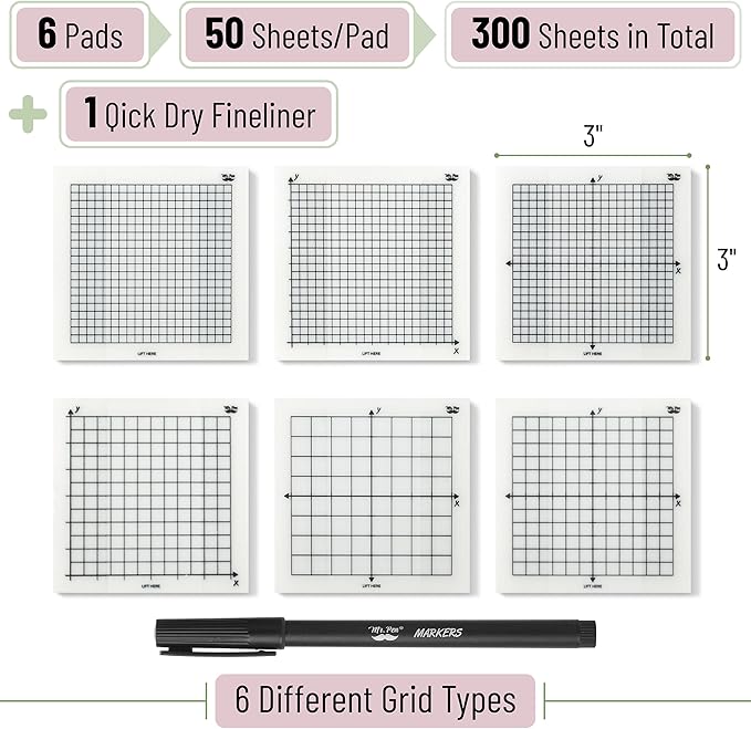 Mr. Pen- Transparent Graph Sticky Notes, 3x3 Inch, 6 Pads, 50 Sheets/Pad, 6 Grid Designs, Square Graph Paper Notes & Fineliner, Waterproof Grid Sticky Note Pads for Math, Study, Journals, Planners