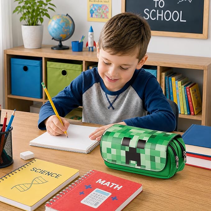 Large Pencil Case Cute Pencil Pouch Green Pen Bag Waterproof Pencil Box with Zipper for Boys Girls Back to School Supplies
