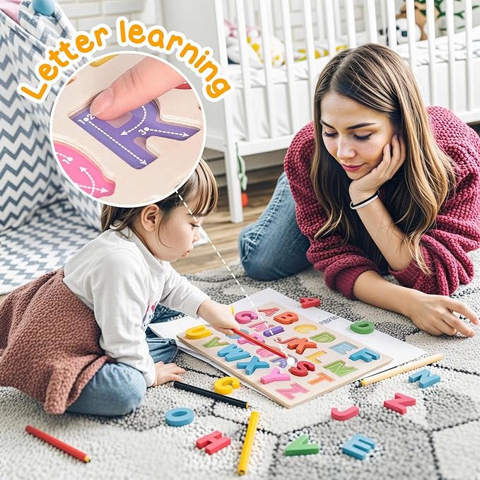 LovesTown Wooden Alphabet Puzzle, ABC Learning Board Build Pre-Reading Skills with Letter Blocks, Matching Games Toys for Daycare Homeschool Kids