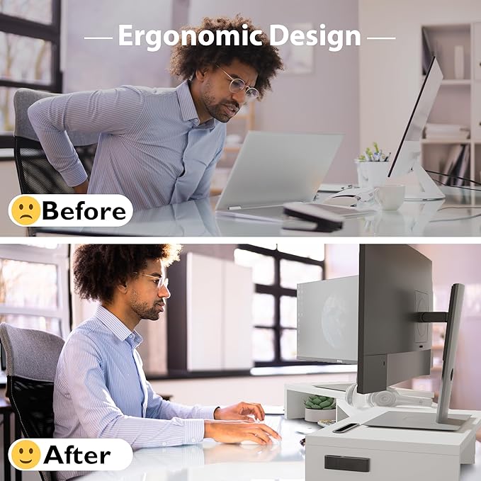 BONTEC Dual Monitor Stand Riser, Adjustable Length & Swivel Angle, Ergonomic Wooden Desktop Organizer with Smartphone Holder, Computer Monitor Stand for PC Monitor, Laptop, Printer, Large Storage