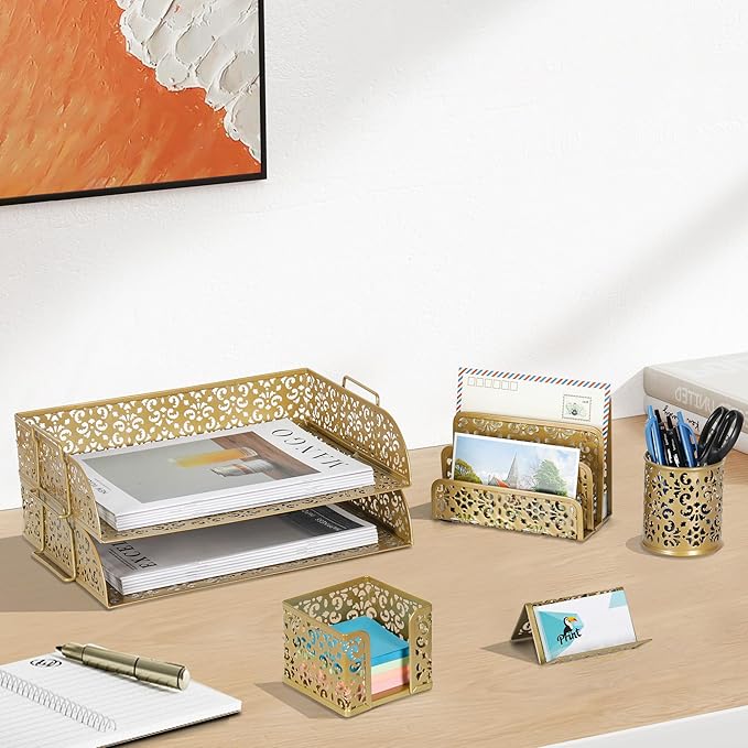 EasyPAG Desk Organizers and Accessories 5 Pieces Office Supplies Set - 2 Tier Paper Tray, Pencil Organizer for Desk, Mail Sorter Countertop, Business Card Holder and Sticky Note Holder, Gold