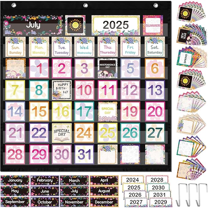 119 Pcs Classroom Calendar Pocket Chart Black Monthly Bulletin Board Set Seasons Festival Weather Farmhouse Calendar Set for Classroom Decoration Back to School Supplies(Wildflower)