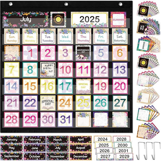 119 Pcs Classroom Calendar Pocket Chart Black Monthly Bulletin Board Set Seasons Festival Weather Farmhouse Calendar Set for Classroom Decoration Back to School Supplies(Wildflower)