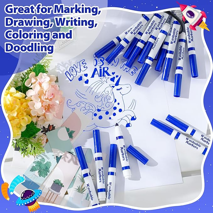 24 Pcs Washable Markers Bulk Broad Line Markers Coloring Conical Tip Large pens for Kids art projects, Teachers, Students, Toddlers, Party Favors, Classrooms, Donations(Blue)