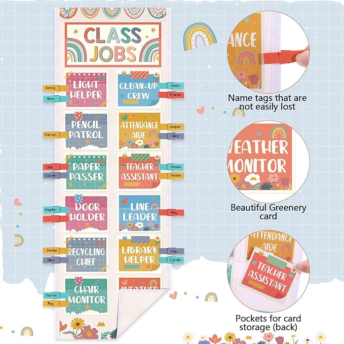 Pasimy Class Jobs Pocket Chart Class Helpers Pocket Chart Classroom Jobs Cards with Clips and Hooks Teacher's Helper Bulletin Board Set for Back to School Classroom Teacher Supplies (Rainbow)
