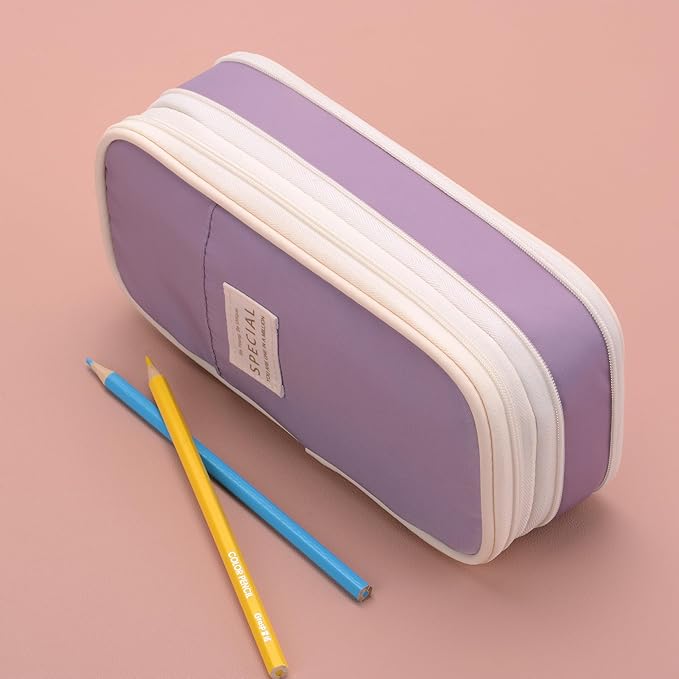 Large Capacity Canvas Pencil Case Organizer Holder Pouch Bag with Zipper Compartments, Pen Cases for Women Girls School Adults (Purple)
