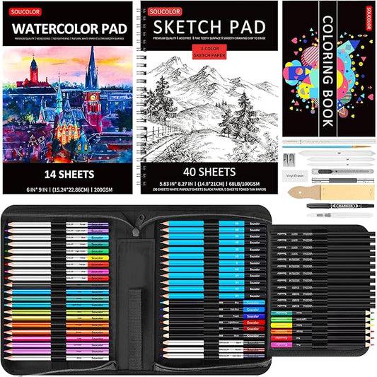 Soucolor Art Supplies, 76 Pack Drawing Set Sketching Kit, Gifts Box for Artist Adult : 3-Color SketchBook, Watercolor Pad, Coloring Book, Charcoal Colored Watercolor Metallic Pencils