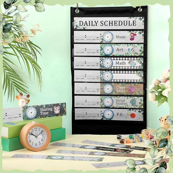 Chiisong Daily Schedule Pocket Chart, Boho 14+1 Pocket, with 40 Pcs Reusable Dry Eraser Cards Calendar for Classroom Toddler Schedule Chart Office Home Activity(Eucalyptus Style)
