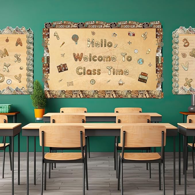 221 Pcs World Map Bulletin Board Letters, Round Alphabet Number Punctuation Symbol Combo Letter Cutouts, Vintage Classroom Decor for School Classroom Chalkboard Poster Bulletin Board Wall
