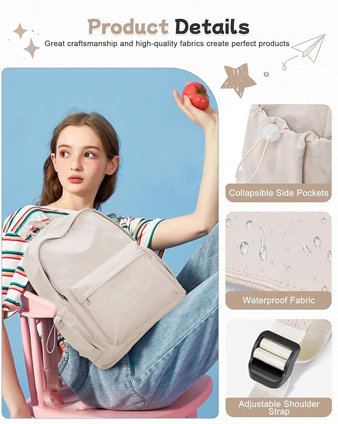 BJLFS Khaki Lightweight Basic Backpack for High School,College Bookbag for Womens,Travel Laptop Backpacks for Teen Girls,School Bag Casual Daypack