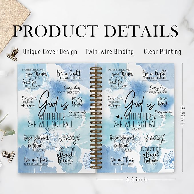 QLMX Blue Christian Spiral Notebook, God Is Within Her She Will Not Fall Journal Notebook, Bible Verse Notebooks for School Work, Inspirational Religious Office Supplies Gifts, 5.5x8.3Inch