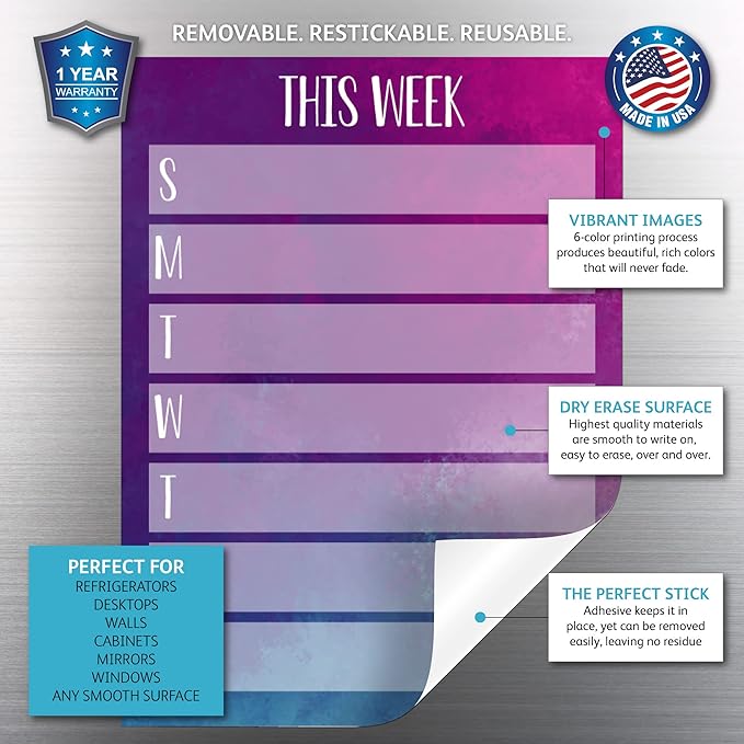 Dry Erase Weekly Calendar Planner Sticker Decal | Removable & Reusable | Magnetic Fine-Tip Marker Included (9 x 12 inches, Watercolor)
