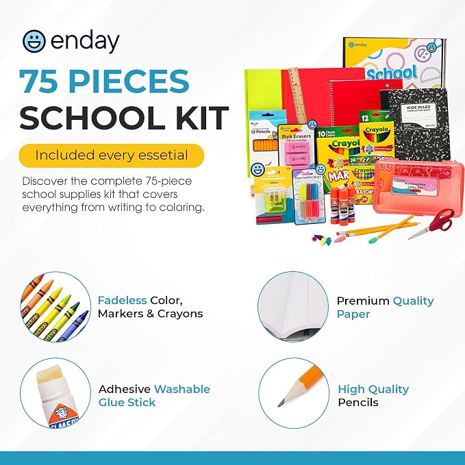 Enday Back to School Supplies Kit - Grades K-5, 83 Piece Back to School Supplies Kit, Kindergarten School Supplies Kids for Girls & Boys (1 Kit)