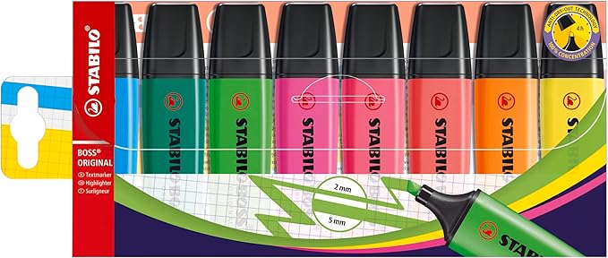 STABILO - BOSS ORIGINAL - Highlighter - Pack of 8 - Assorted colors | Pack of 8 - Assorted Colours