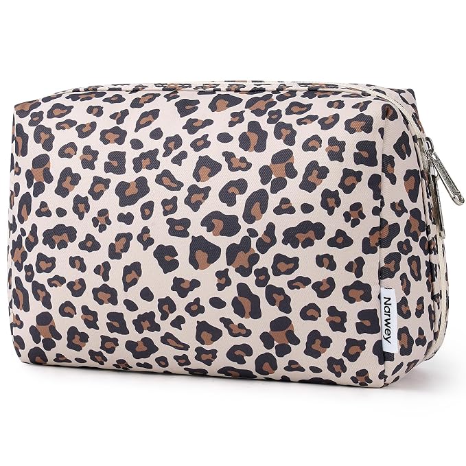 Narwey Small Cheetah Makeup Bag for Purse Mini Cosmetic Bag Travel Makeup Pouch Zipper Pouch Cute Make up Bags with Compartments for Women Girls (Beige Leopard, Small)