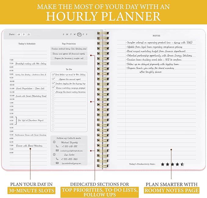 Undated Daily Planner with Hourly Schedule – Minimalist Notebook for Work, Home & Daily Writing | Simple Matte Notes for Goals, Appointments & Productivity, Elegant Cardstock Pages, Pink