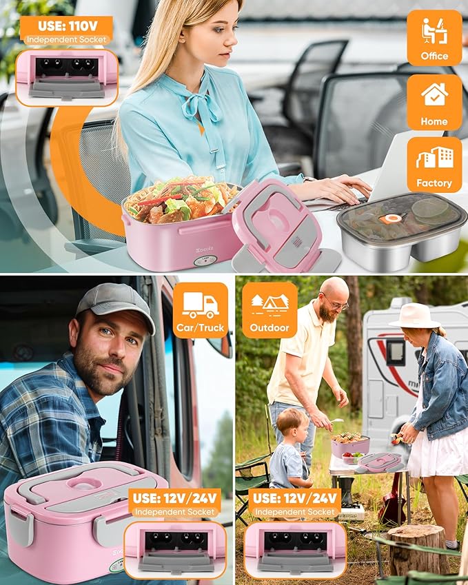 Eocolz Electric Lunch Box Food Heater 80-100W, Food Warmer with Dual Container 1.5L Portable Heated Lunch Box for Car Truck Work Stainless Steel Fork & Spoon 12/24/110V for Adults Lonchera Eléctrica