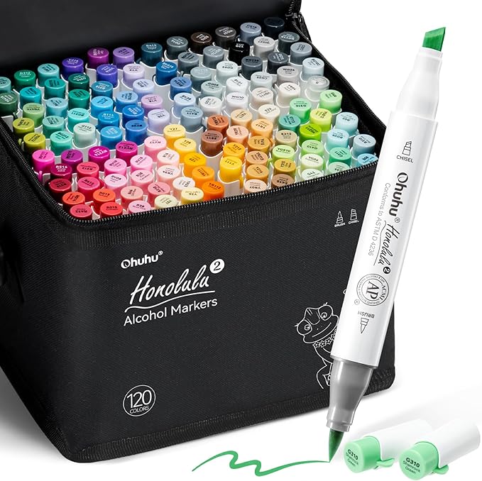 Ohuhu Alcohol Markers Brush Tip -Double Tipped Art Marker Set for Artist Adults Coloring Illustration - 120 Colors- Brush & Chisel Dual Tips- Honolulu 2 of Ohuhu Markers- Refillable Alcohol-based Ink