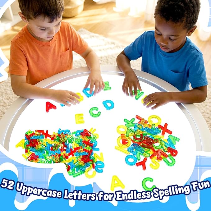 Bbiamsleep 52 Pcs Plastic Capital Letters, Colorful Transparent Uppercase Letters Light Table Manipulatives for Sorting Counting Training Spelling