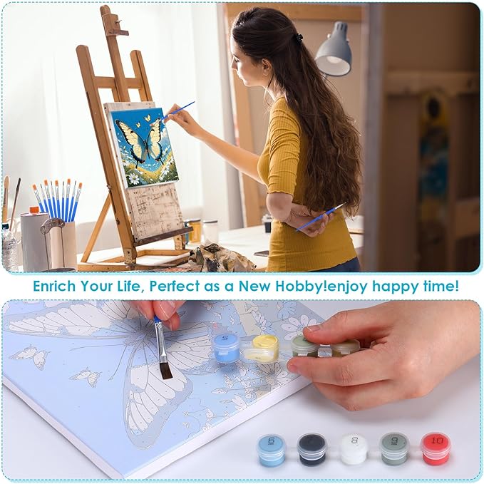 RoundFunny 8 Set Paint by Numbers Kit for Adults with 8x8 Inch Mini Simple Painting Canvas Wooden Frame Easel Acrylic Paints Brushes Funny Numbers Drawing Kit for Gift Home Wall Decor(Classic Flutter)