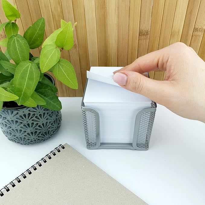 D.RECT - Note Box | Made of Mesh | Solid Metal | For the Modern Workplace | Silver | with Note Pad 700 Sheets - 95 x 95 x 80 mm