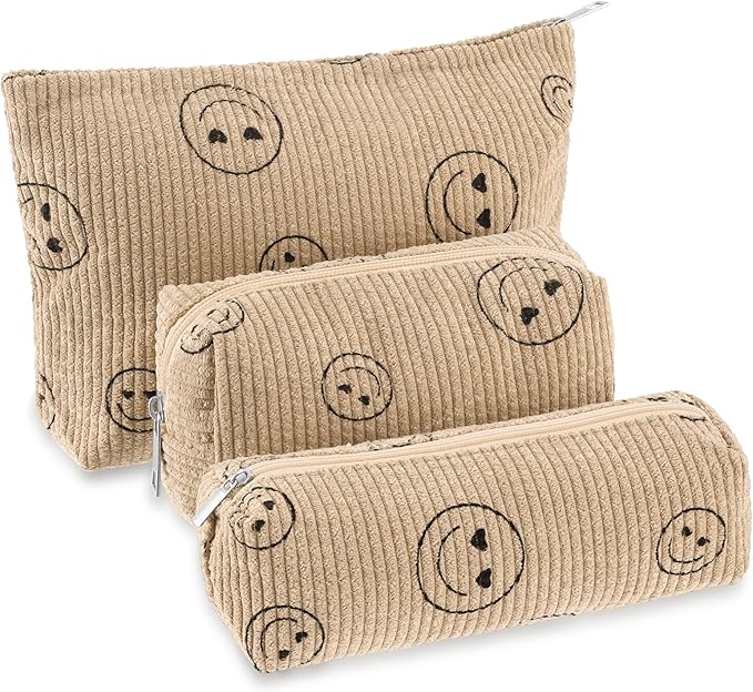Huhumy 3 Pcs Makeup Bag Set for Women Corduroy Cosmetic Pouch Aesthetic Smile Travel Toiletry Bag Cute Purse Pouch Pencil Case Makeup Brushes Storage Organizer with Zipper(Khaki,Smile Face)