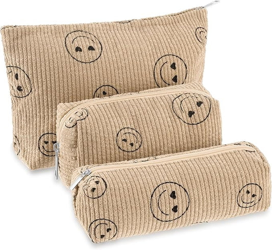 Huhumy 3 Pcs Makeup Bag Set for Women Corduroy Cosmetic Pouch Aesthetic Smile Travel Toiletry Bag Cute Purse Pouch Pencil Case Makeup Brushes Storage Organizer with Zipper(Khaki,Smile Face)