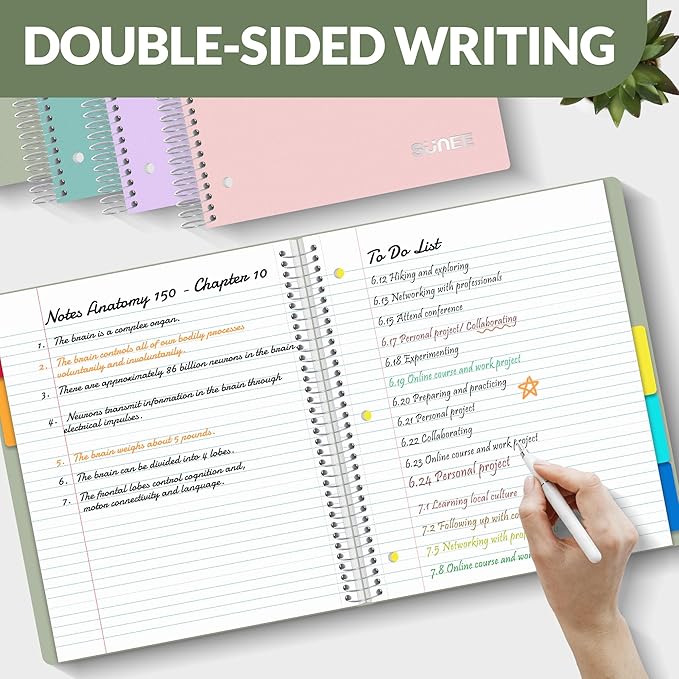 SUNEE 5 Subject Notebook College Ruled - 200 sheets (400 Pages), 9"x11", 5 Pocket Colored Dividers, 3-Hole Punched Paper, Sage Green