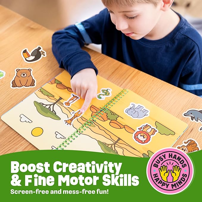 Reusable Sticker Book - Animals - 50 Jelly Stickers for Toddlers & Kids 3-5: Fun Toddler Travel Toys, Airplane & Car Activities for Kids - Sticker Books for Toddlers 3 Years Old, Toy Gifts for 1-3 2-4