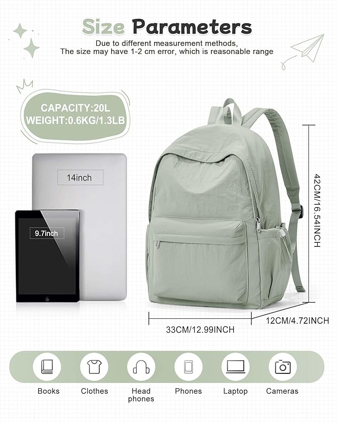 BJLFS Green Cute School Backpack with Laptop Compartment Small Travel Laptop Backpack for Women Men Waterproof College Backpack Simple School Bag for Teens Girls Boys
